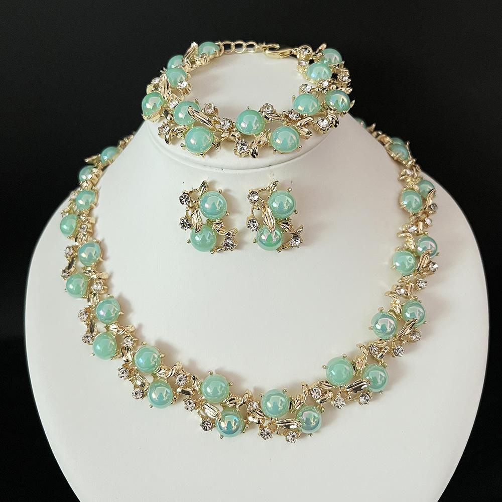 Collar, pendientes y pulsera de moda de color caramelo transfronterizos europeos y americanos, conjunto de joyería de boda con diamantes brillantes exquisitos, joyería de estilo de corte