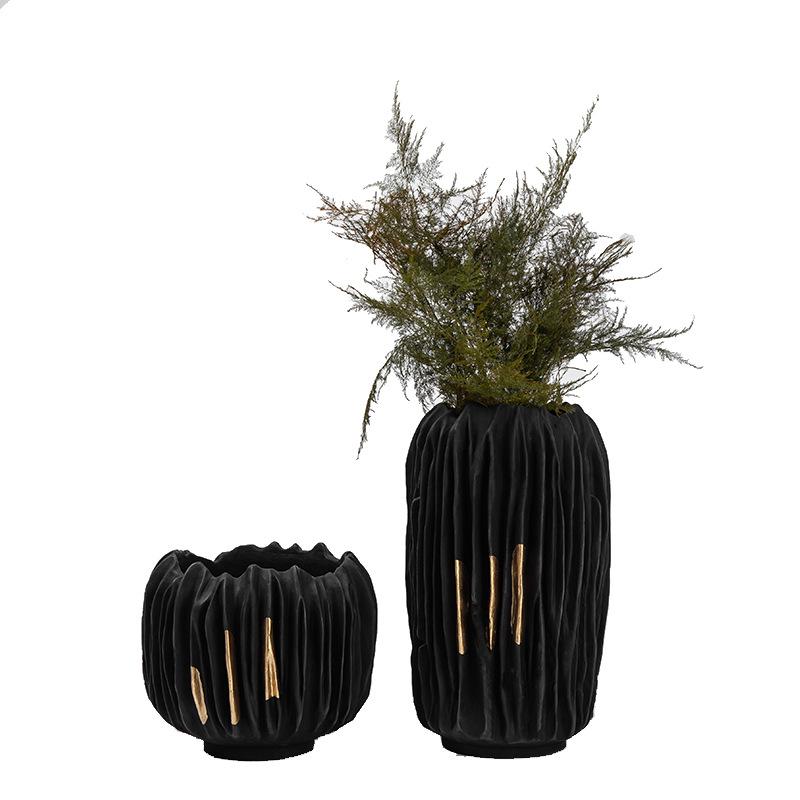 Harzvase Schwarz Gold Knittertextur Abstraktes Harzhandwerk Ornament Blumenarrangementszubehör Heimdekoration Vasen Töpfe