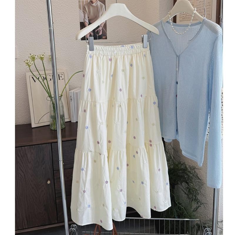 Spring and summer small fresh embroidered flower skirt women's new high waist and thin a word versatile casual medium and long skirt