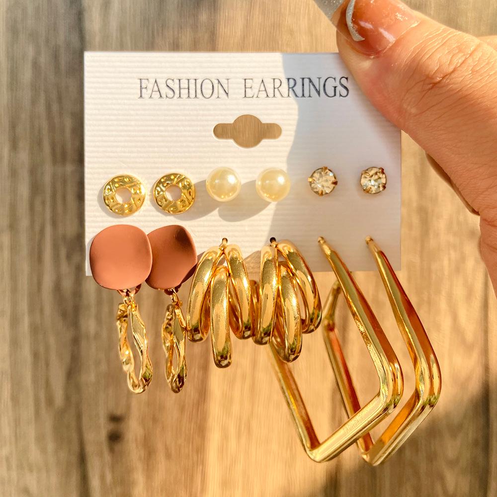 European & American Vintage Pearl Geometric Gold Hoop & Stud Earrings Set - 6 Pieces