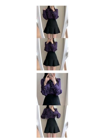 Women's Spring College Style Pearl Button Bow Ruffle Collar Blouse