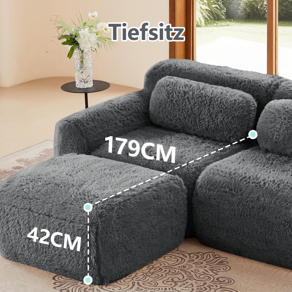 L-shaped 2-seater sofa, soft plush fabric, modular, with cushions. Soft, elastic foam, no assembly required, suitable for small living rooms, Grey