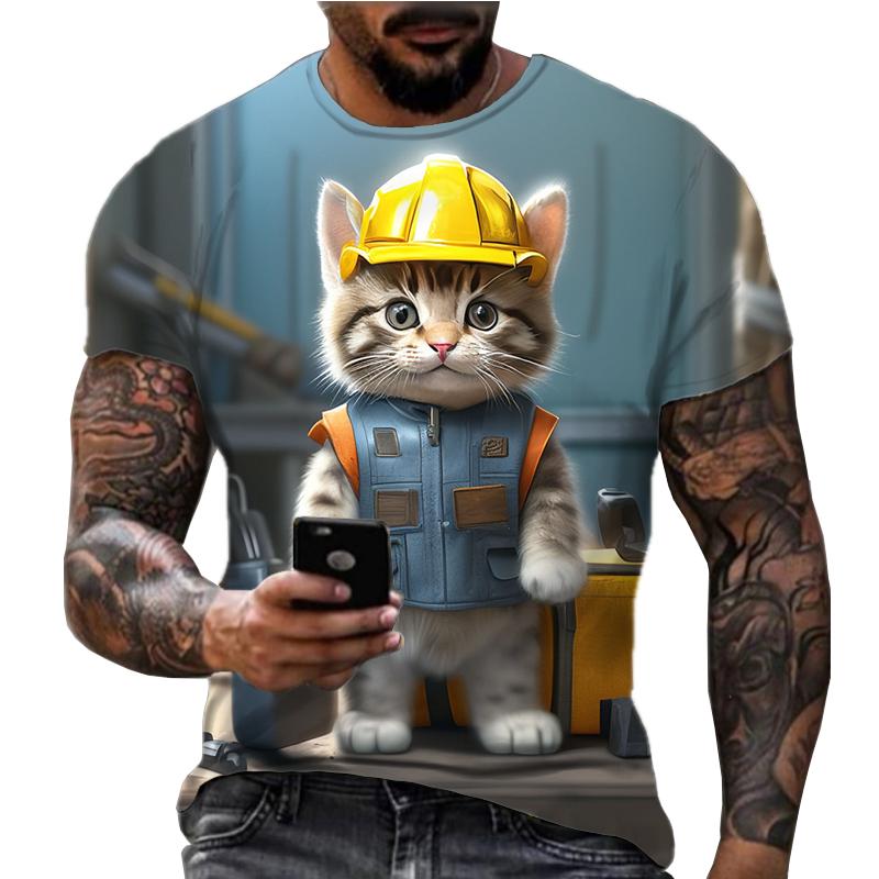 

Мужская футболка с 3D-принтом кошки и собаки, забавная графическая футболка с животным, летняя модная повседневная трендовая интересная футболка с круглым вырезом для улицы 6XL