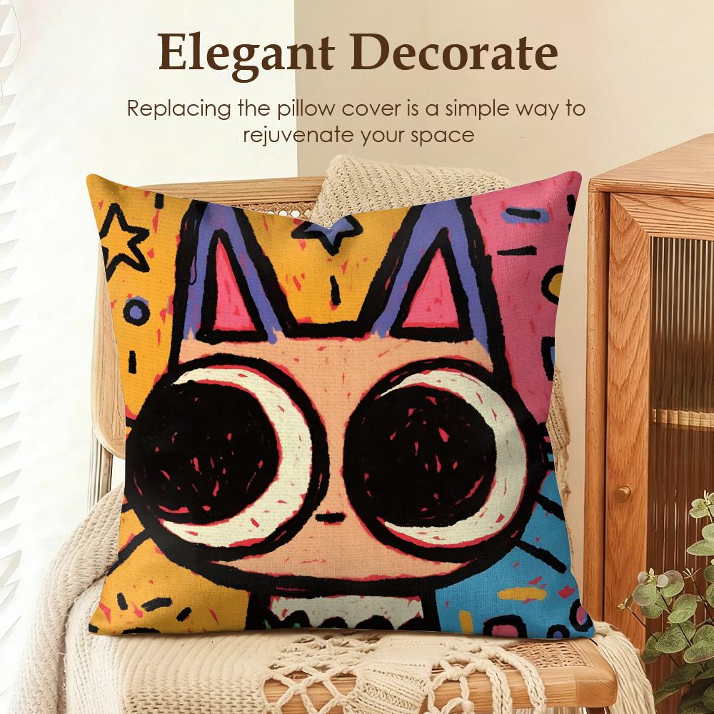 Art Dopamine Doodle Cat Cushion Cover Natural Linen Organic Fabric DoubleSided Printing Sofa Home Decor Gift Pillow Case