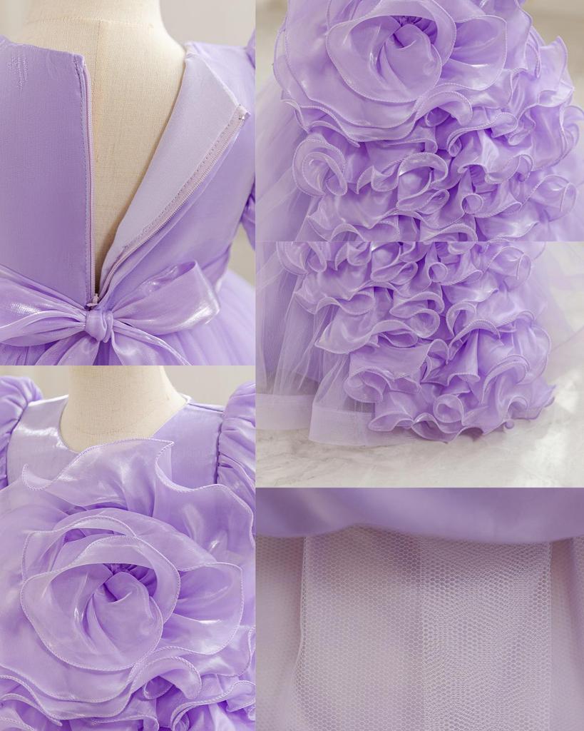 Girls' 3D Flower Princess Dress: First Birthday Puff Sleeves and Puffy Skirt