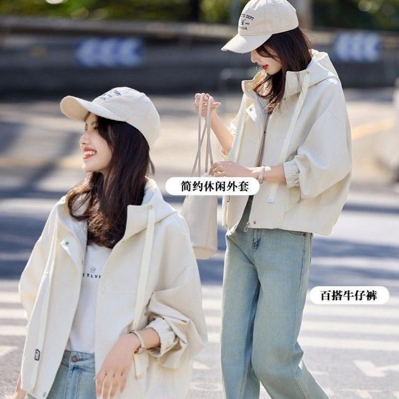 

Female Spring Autumn in Fashion Leisure Solid Color Tops Coat Long Sleeves Jacket Retro Lady Loose Hooded Short Outwear S абрикосовый