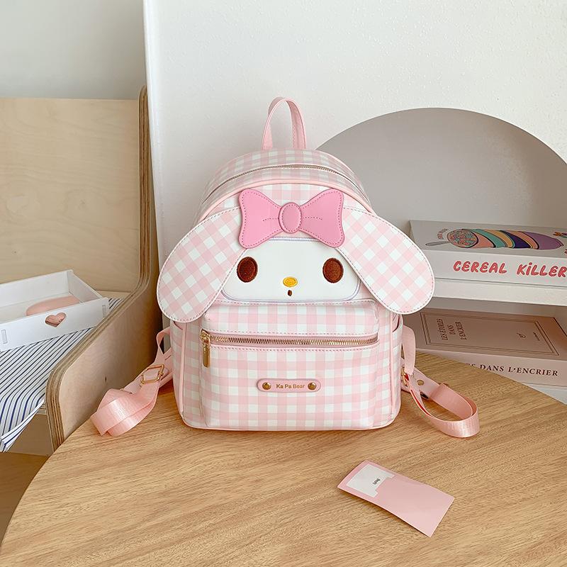 Sweet plaid backpack two-dimensional transparent pain bag cute cotton doll girl going out portable backpack