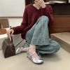 Inner Heightening Silver Bow Ballet Shoes Women's Shoes Spring Fairy Platform Mary Jane Shoes