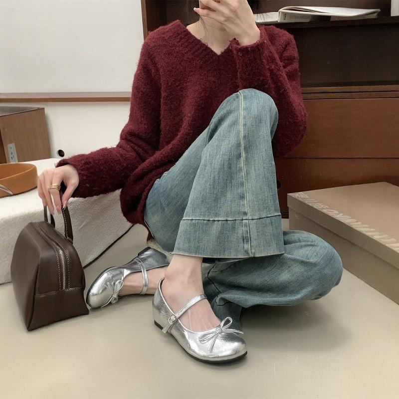 Inner Heightening Silver Bow Ballet Shoes Women's Shoes Spring Fairy Platform Mary Jane Shoes