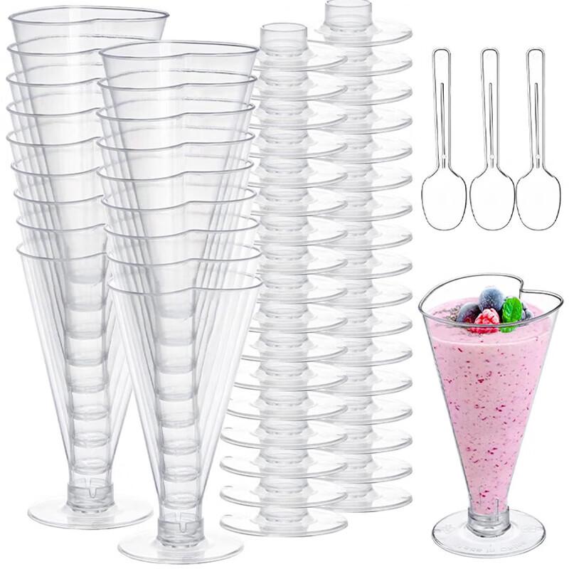 Pabei GD115 Heart-shaped High-Stem Mousse Cups with Spoons, 180ml (100-Pack)