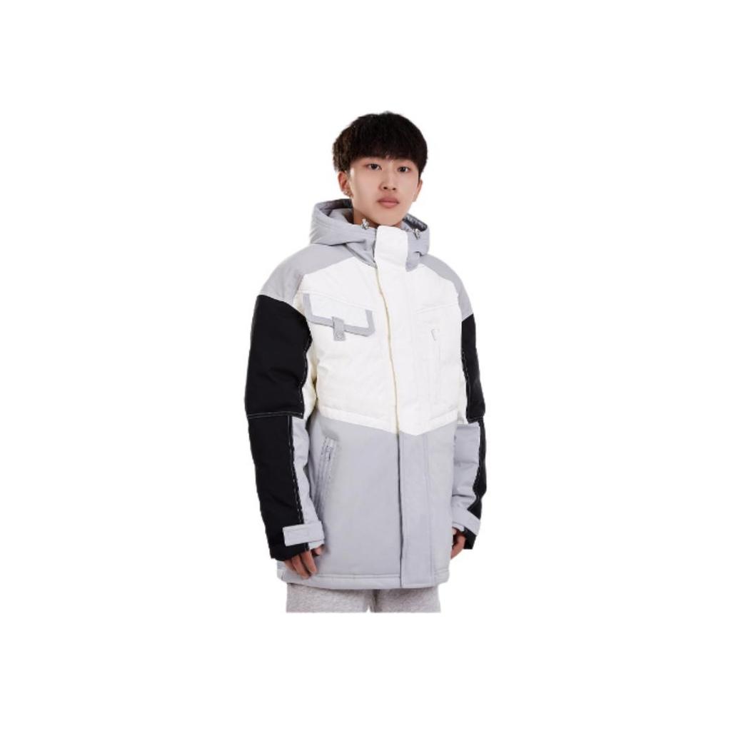 Li Ning Sports Trend Serie Colorblock Splicing Warme Kapuzen-Daunenjacke Herren Jacke Grau AYMT067-1