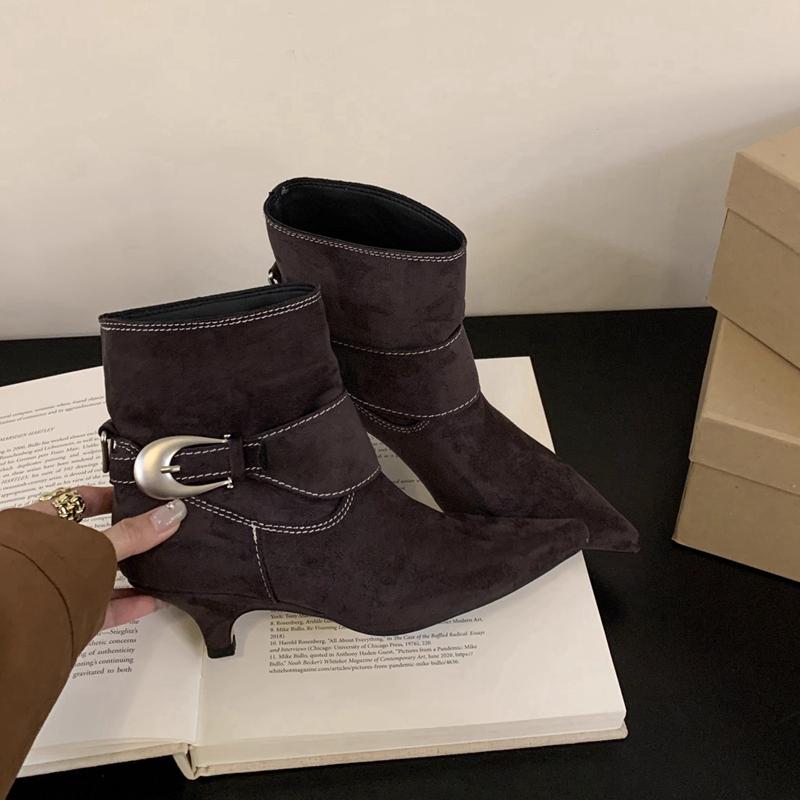 Winter New Brand Women Short Boots Fashion Buckle Slip On Pointed Toe Ankle Boots Thin Low Heel Dress Pumps