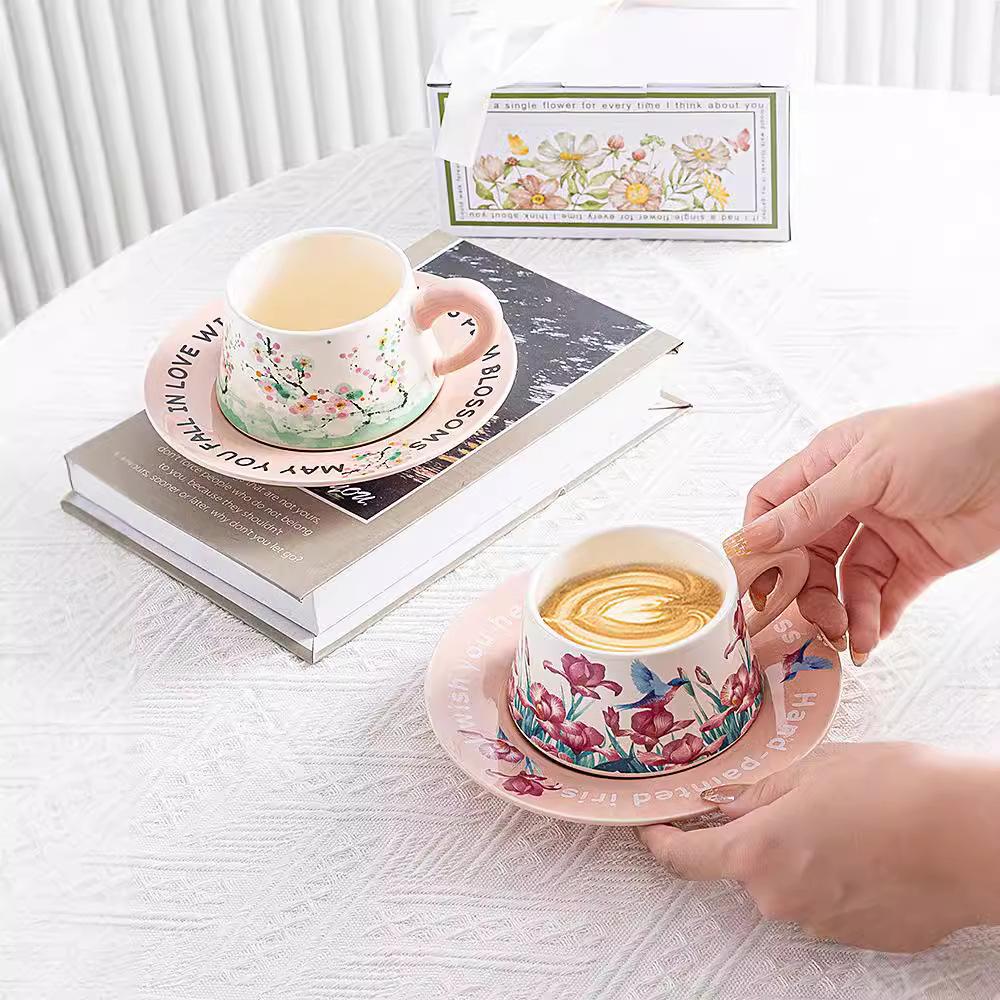 Retro Flower Souvenir Cup Birthday Gift Girls Practical Gift High-Value Coffee Cup Saucer High-End Gift Box