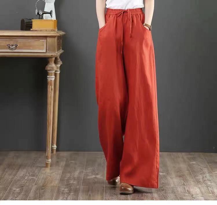 Sixteen Colors Multi-color High Waist Wide-Leg Linen Cotton Korean Style Women's Pants, Spring/Summer, Plus Size, Floor-Length, Straight Leg.