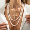 Punk Hip Hop Style Metal Cross Pendant Necklace, Stylish Stacked Imitation Pearl Beaded Necklace