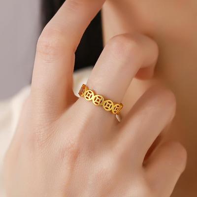 Women Lucky Charm Ring Money Catcher Coin Vintage Hollow Stainless Steel Finger Ring FengShui Rings Jewelry Accessories