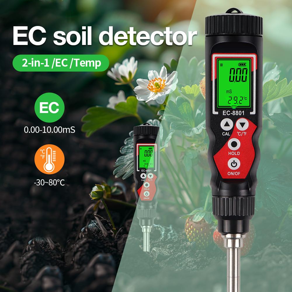 2 In 1 Soil EC Meter Handheld Digital Soil Tester Multifunction EC Temp Detector Backlit Soil EC Analyzer for Garden Greenhouse