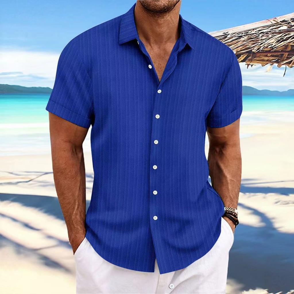 New Men's Linen Striped Jacquard Casual Loose Short-sleeved Shirt