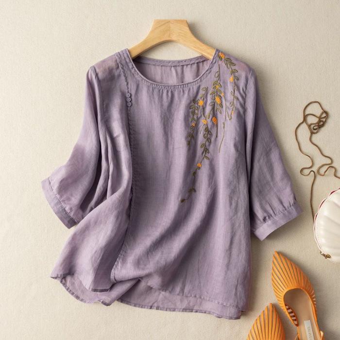 Summer Women's Retro Embroidered Cotton Linen Five Quarter Sleeved Shirt Loose Slimming Casual Women's Top Blouses Shirts