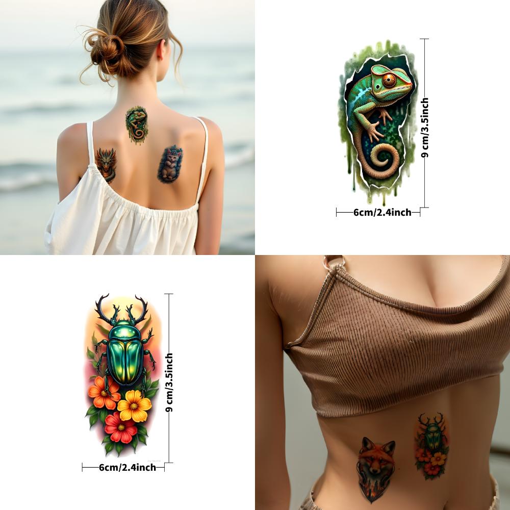 9pcs Temporary Tattoo Black Bird With Clock Realistic Temporary Tattoos Chameleon Golden Beetle With Galaxy Colorful Realism For