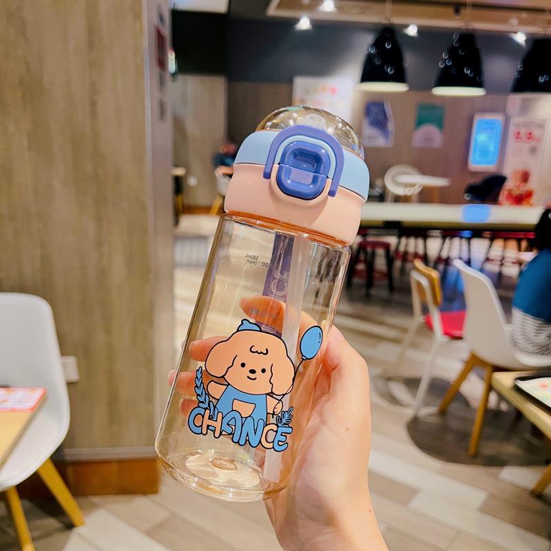 Water bottle summer simple plastic cup cartoon puppy large capacity easy cup cute portable student straw cup Internet celebrity girl