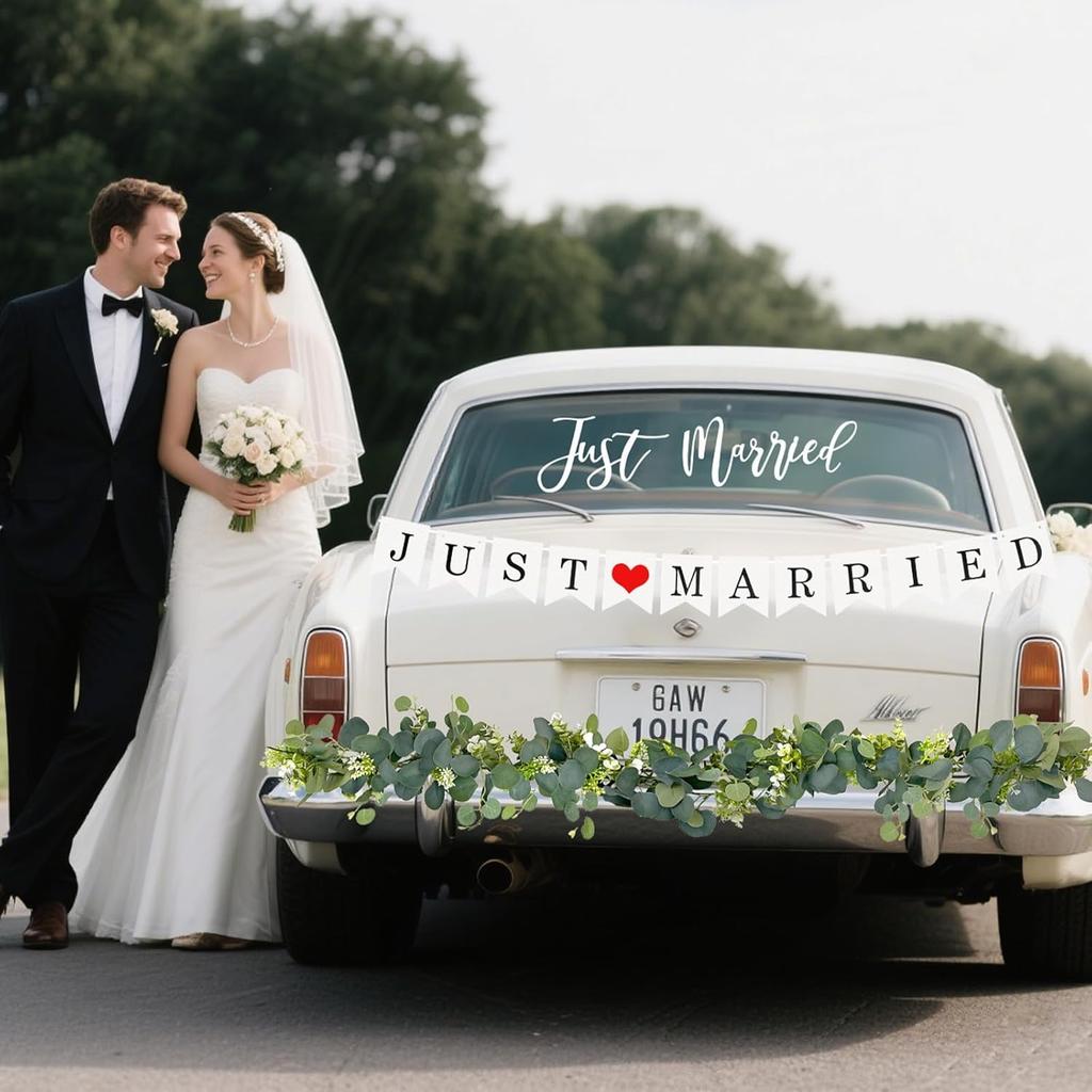 Just Married Car Decorations Kit Wedding Car Decor with Artificial White Roses Banner Flower Vine Tulle Ribbon Sign Stickers Getaway Car Accessories