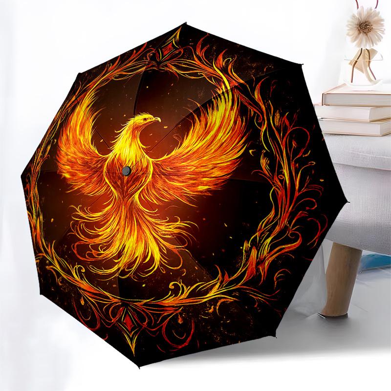 Phoenix Rising: Fiery Bird Circular Art PrintUmbrella, Portable 3-Fold Compact Umbrella for Men & Women Gift