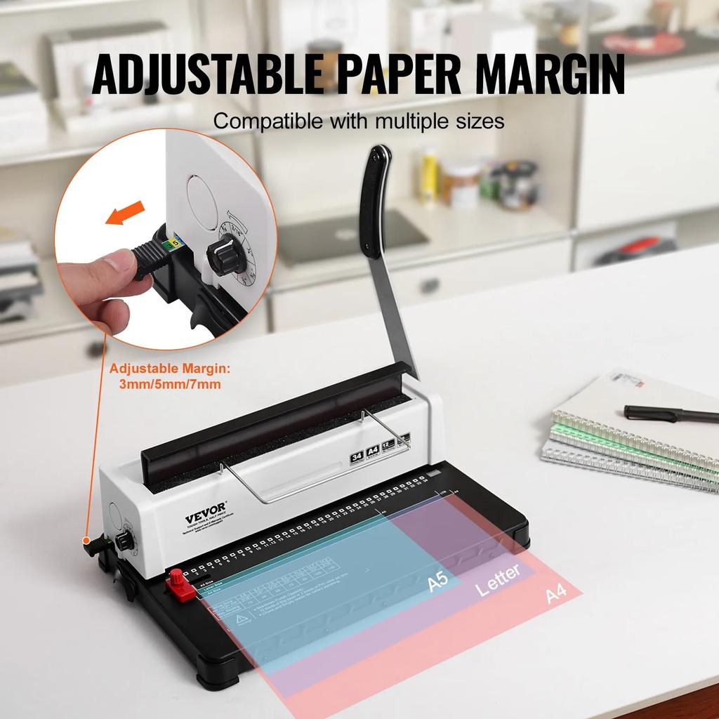 VEVOR Coil Spiral Binding Machine, Manual Book Maker 34-Holes Binding 120 Sheets, Punch Binder Adjustable 4.76 mm - 14.29 mm Coil Binding Spines