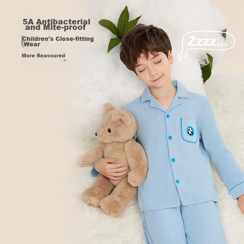 JD Original Children's Pure Cotton Pajamas for Boys, Big Kids' Cotton Sleepwear, Spring And Summer Long-Sleeve Warm Loungewear, Size 160