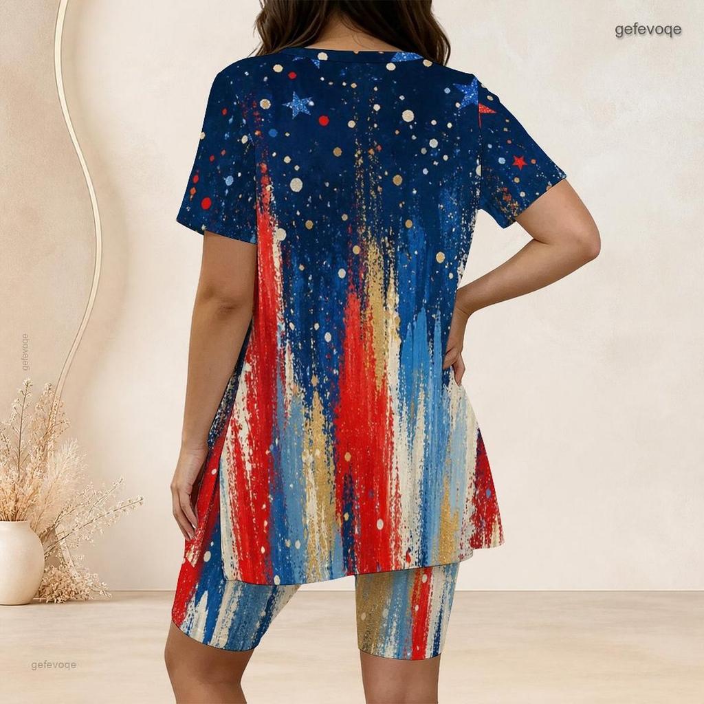 Women Plus Size 2 Piece Set Crew Neck Short Sleeve Side Slit Top Biker Shorts Red Blue Gold Star Paint Print Outfit