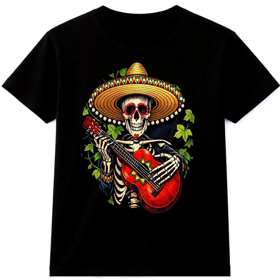 Футболка со скелетом на День Мертвых, сомбреро, гитарист, мексиканская музыка, графическая футболка S