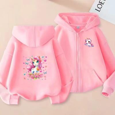 Children's Pretty Girl Pink Gift Charming Unicorn Cardigan Hoodies Kawaii Zipper Style Girls Boy 3-14Yrs Leisure Sweatshirt Coat