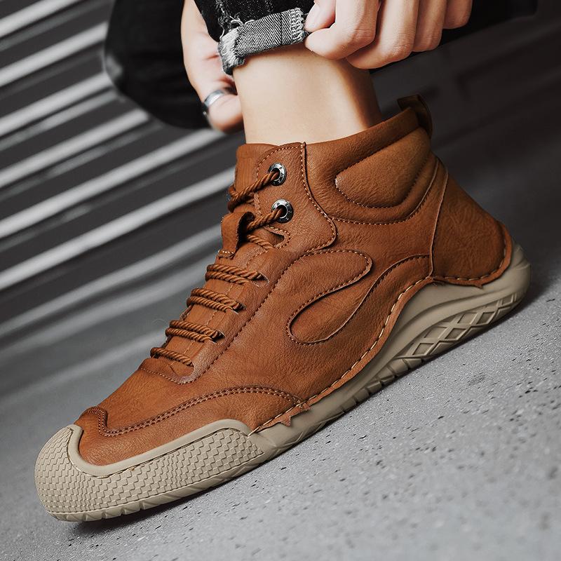 Large Size Men's Shoes Hand-sewn Medium and High Top Casual Shoes Leather Flat Bottom Outdoor Tooling Boots