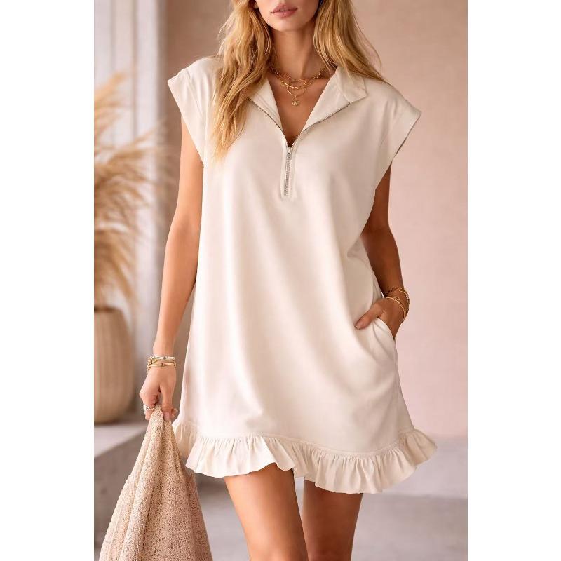 New Sleeveless Double-Pocket Dress with Zipper V-Neck and Ruffled A-Line Skirt for Women