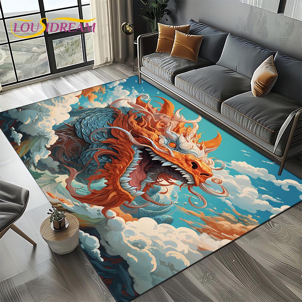 Chinese Style Dreamy Dragon Cartoon Carpet Rug for Living Room Bedroom Home Sofa Decoration,Kid Area Rug Non-slip Floor Mat