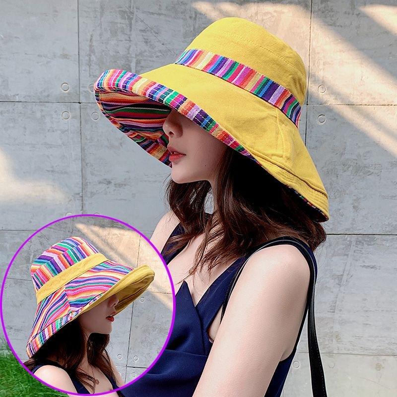 Ethnic style double-sided bucket hat women's big edge Internet celebrity versatile summer hat women's sun protection hat sun hat spring and autumn
