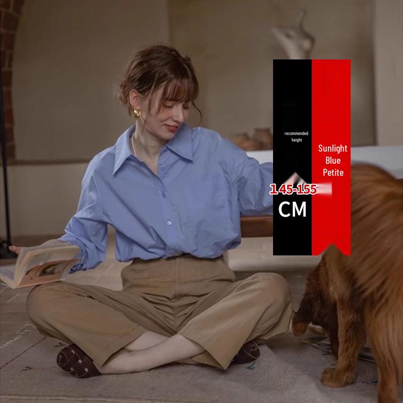 Women's Autumn 2025 French Blue Layered Petite Long Sleeve Shirt - Professional Loose Fit for Commuting