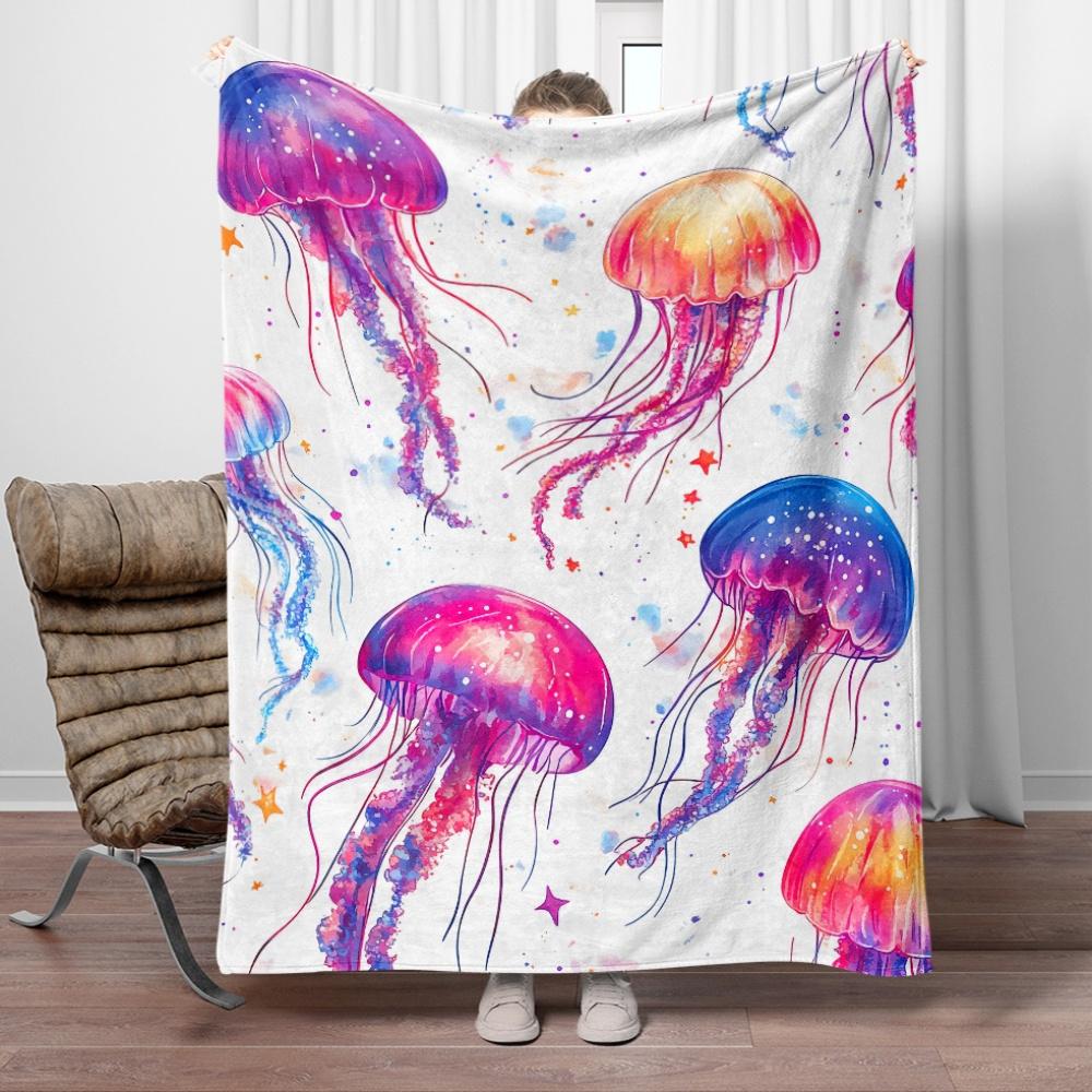 1pc Colorful jellyfish watercolor design fleece blanket soft throw for beach lovers ocean theme bedroom decor gift