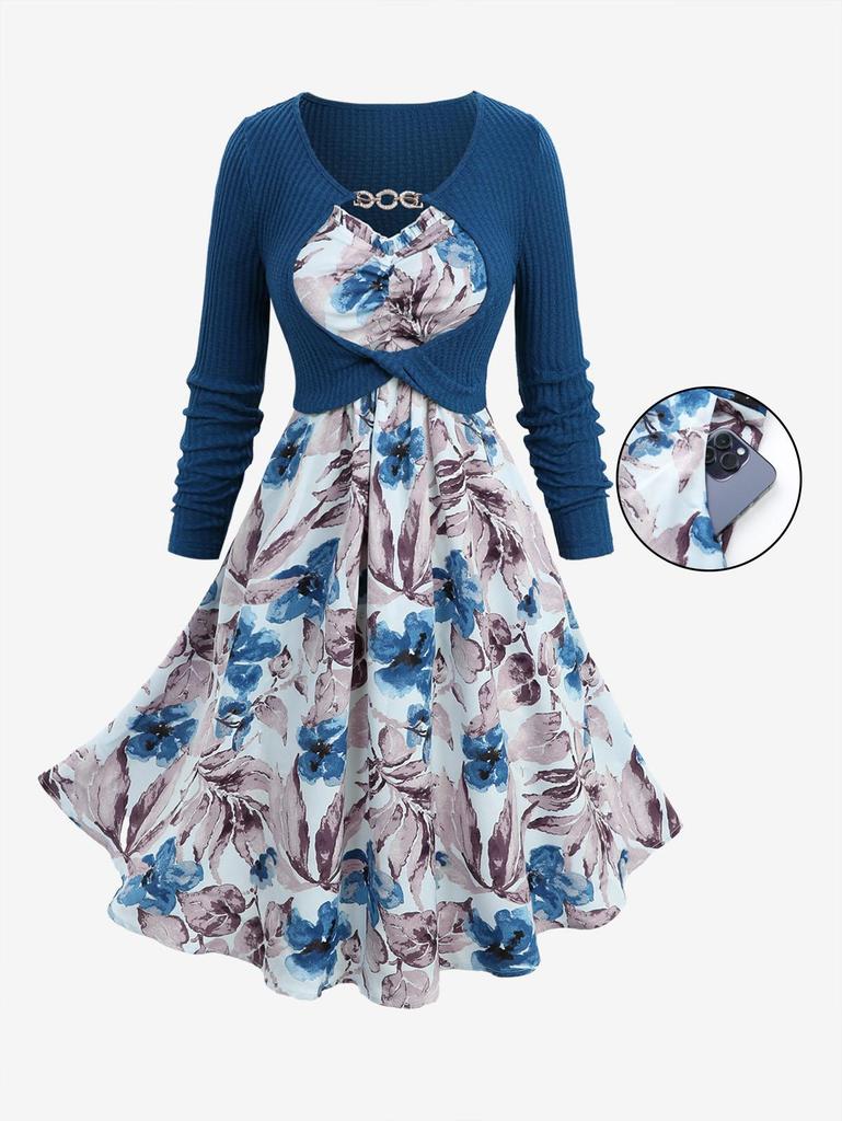 Rosegal Plus Size Flowers Leaf Watercolor Print Ruffles Ruched Cami Dress With Chain Panel Hollow Out Textured Top