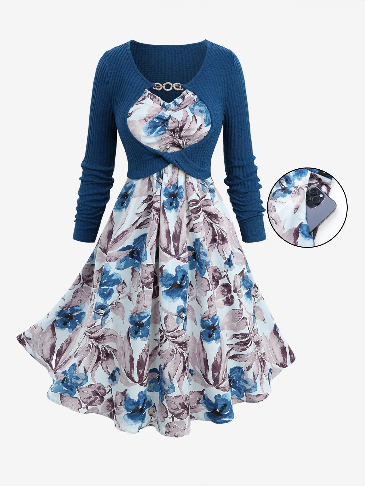 

Rosegal Большого размера Платье-ками с оборками и сборками, с акварельным принтом цветов и листьев, с цепочной панелью и ажурным текстурированным верхом 2XL синий