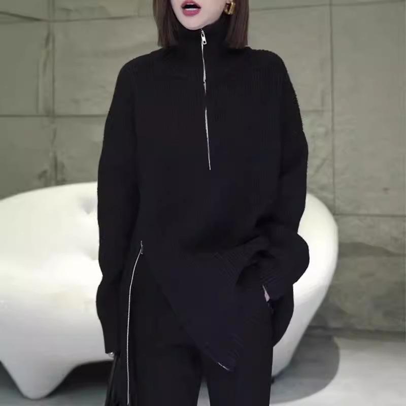 

Medium and long knitted sweater autumn and winter new casual temperament half zipper turtleneck pullover loose large size sweater women one size fits all чёрный