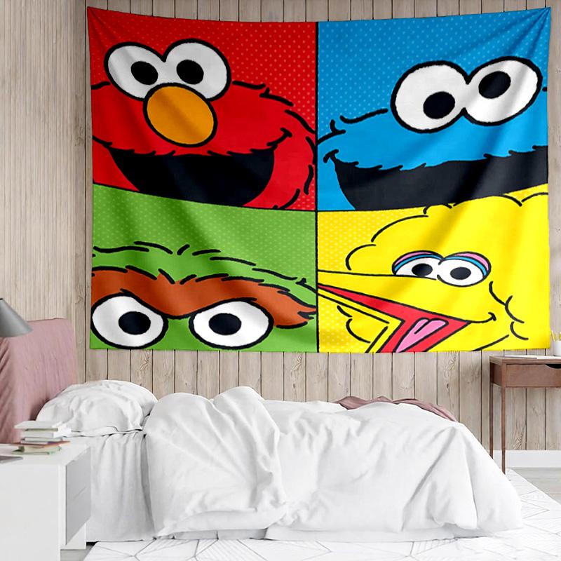 1PC Colorful Sesame Muppets Together Tapestry Accessories Playroom Tapestry, for Bedroom,Livingroom, dormitory Room Wall Decor Fan Birthday Gifts