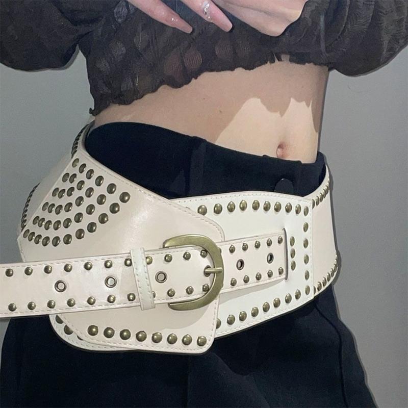PU Leather Female Waist Belt with Irregular Buckle Rivets Decors PU Waist Belt Hollowed out Waistband for Coat Shirt