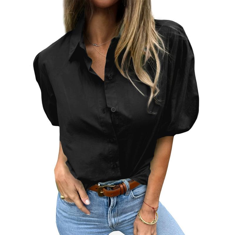 2026 Women s Lantern Sleeve Button-Down Short-Sleeve Top S чёрный