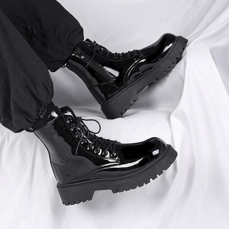 Fashion 2025 New Men Black Patent Leather British Style Motorcycle Boot Couple Outdoors High Top Leather Waterproof Casual Leather Boots