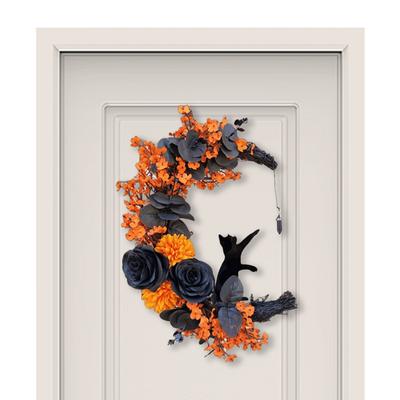 Gothic Wreath Decoration Moon Shaped Door Wreaths Halloween Moon Wreath with Black Cat for Home Party Window Wall Indoor Outdoor