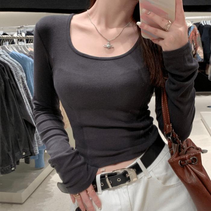 Gram cotton, new square neck solid color shirt with autumn and winter slim short long-sleeved T-shirt for women 2XL темно-серого