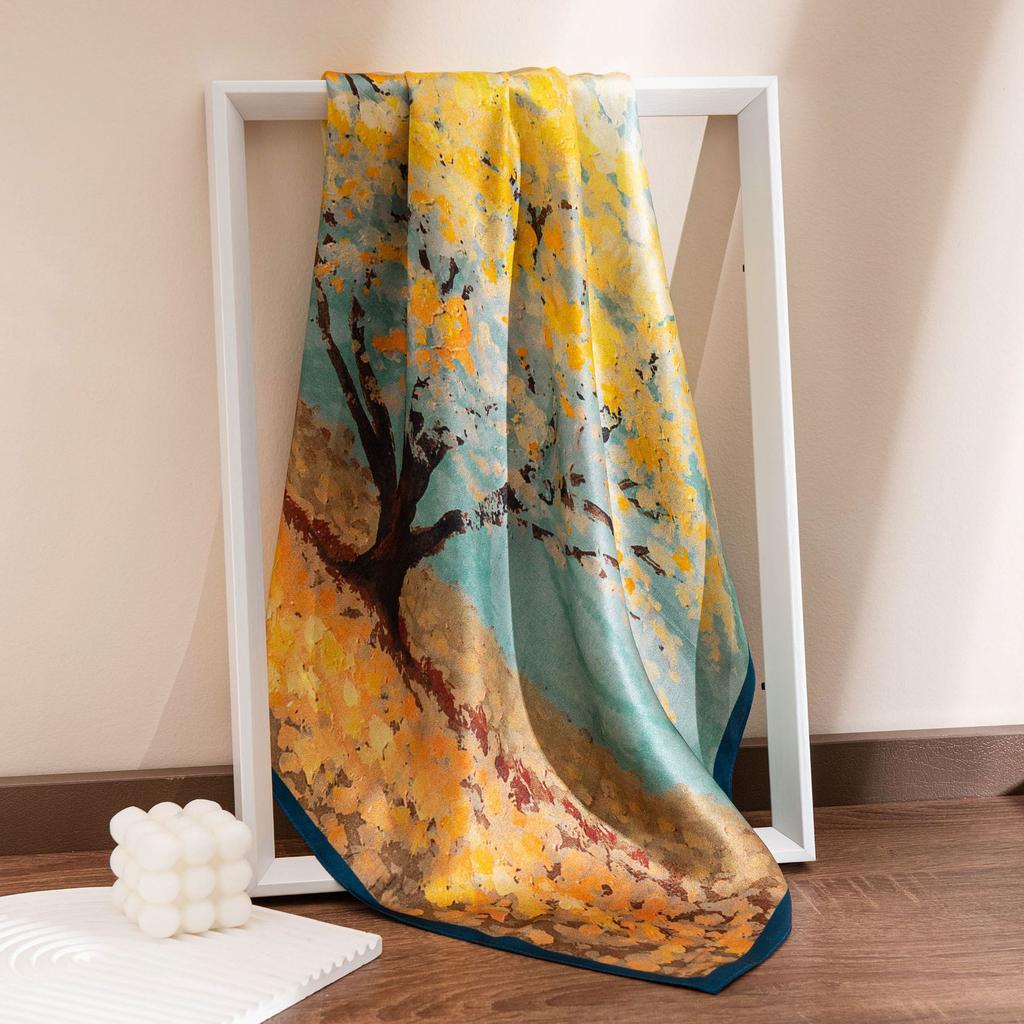 Mulberry silk scarf  new retro winter beautiful ginkgo printing four seasons shawl sunscreen dual-purpose