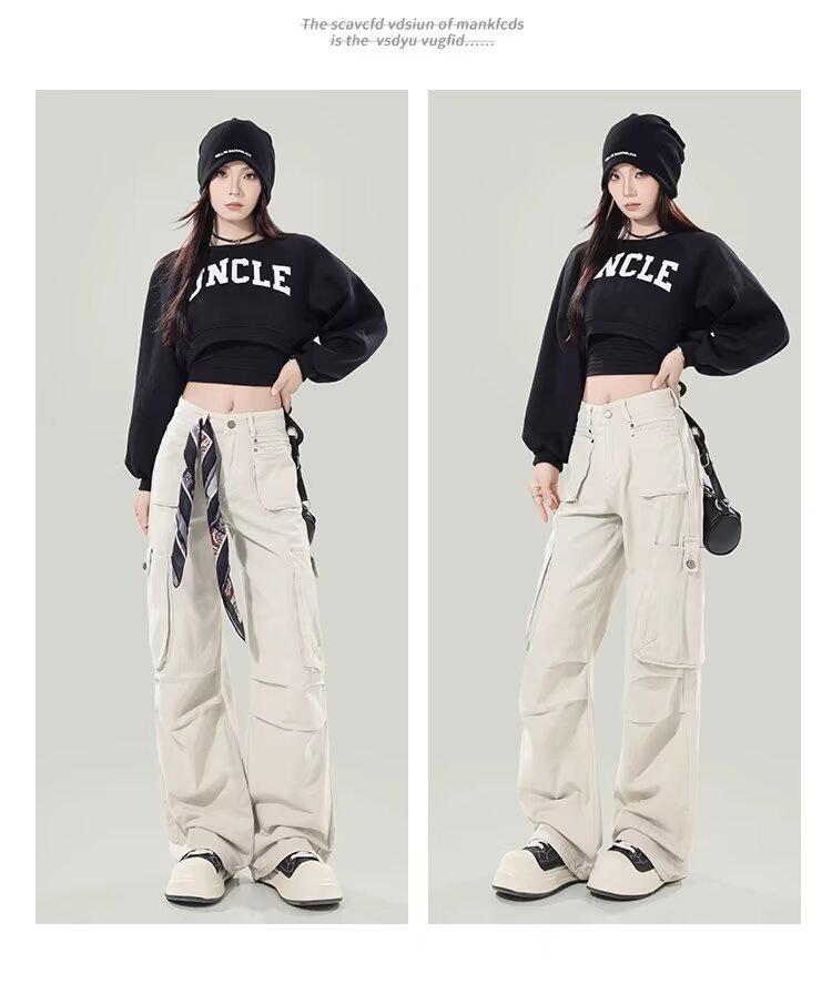 Women's Early Spring Apricot Cargo Jeans: New Design, Multi-Pocket, Loose, Wide-Leg, Floor-Length