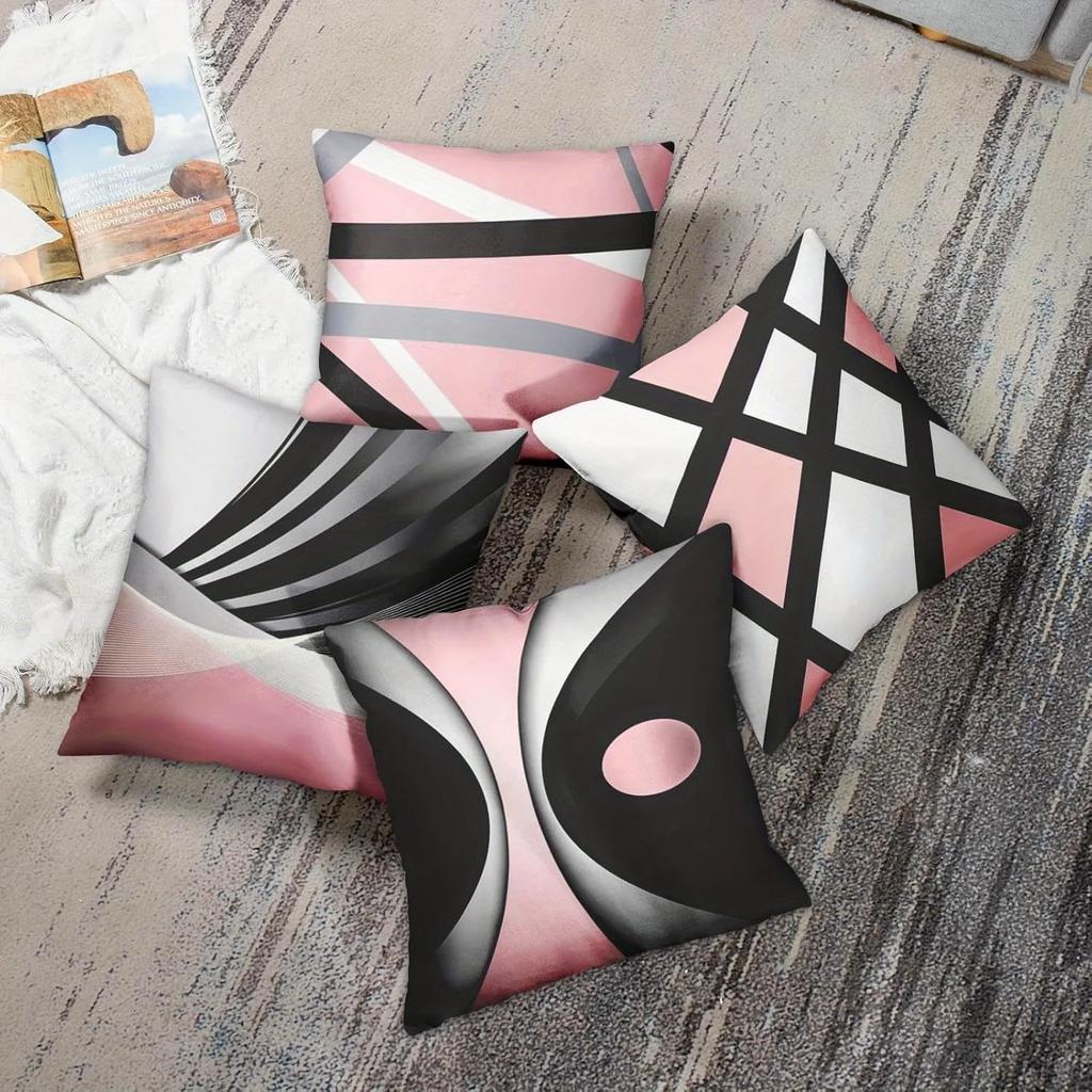 Pink Black Lines Geometric Decorative Pillowcase, Ultra-soft Polyester Material Living Room Sofa Back Car Pillowcase Decoration